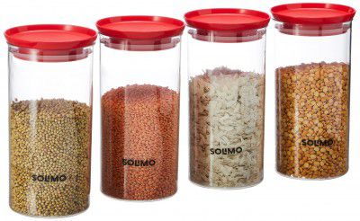 Amazon Brand - Solimo Plastic Storage Jar and Container Set, 1400 Ml Each, Set 4, Red