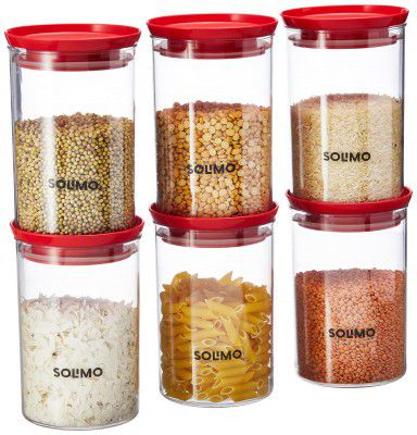 Amazon Brand - Solimo Plastic Storage Jar and Container Set I Air Tight & BPA Free Containers, Set 6, Red