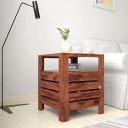 Amazon Brand - Solimo Poshe Side Table with Bottom Shelf and Cabinet (Sheesham Wood, Natural Finish)...