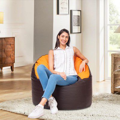 Amazon Brand - Solimo Premium Faux Leather Muddha Bean Bag Filled with Beans | 120 Kg, 4 XL | Brown & Orange