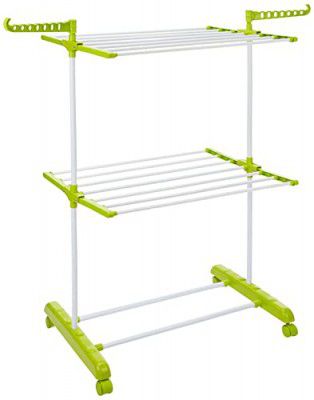 Amazon Brand - Solimo Premium Steel Double Supported 2 Layer Cloth Drying Rack, Foldable and Movable (White & Green)