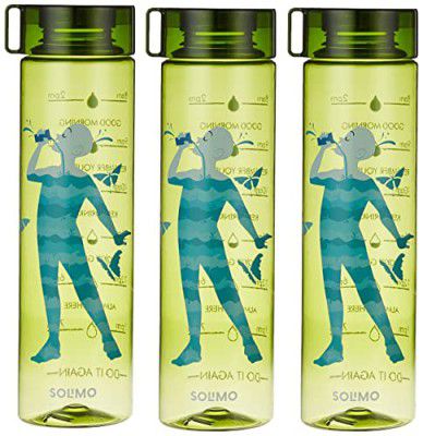 Amazon Brand - Solimo Printed Plastic Bottle Set | Sleek Design | Printed Hydration Tracker | Set of 3 | 1000 ml (Olive)