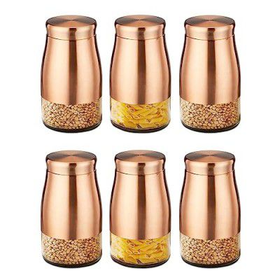 Amazon Brand - Solimo Rose Gold Tapered Glass Jar | Multipurpose Kitchen Organizer with See-Through Window | 1150 ml Set of 6
