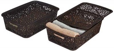 Amazon Brand - Solimo Royal Multipurpose Storage Basket with Lid- Medium (Set of 2, Brown)