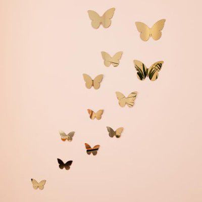 Amazon Brand - Solimo Self Adhesive Butterfly Shaped Acrylic Mirror for Wall Décor (Set of 12) | Mixed Size | Gold