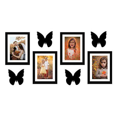 Amazon Brand - Solimo Set Of 4 Photo Frames With Mount Paper & 4 Butterfly Plaque (6 X 8 Inch - 4), Black, Rectangular, wall mount