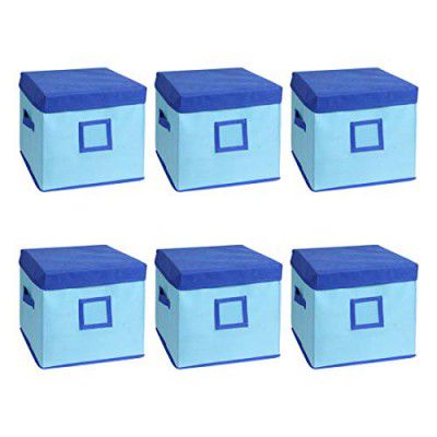 Amazon Brand - Solimo Square Fabric Storage Box with Lid, Set of 6, (Medical Blue and Royal Blue, Small)
