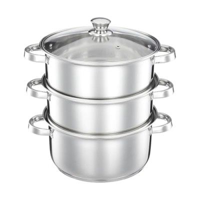 Amazon Brand – Solimo Stainless Steel 3-Tier Steamer with Glass Lid | 24 cm 