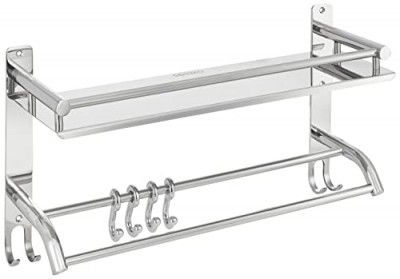 Amazon Brand - Solimo Stainless Steel Bathroom Shelf/Rack with Towel Holder/Towel Hooks/Bathroom Accessories Wall-Mount (Chrome Finish) (2-Tier)