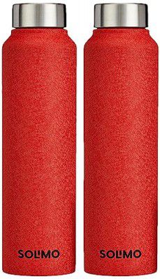 Amazon Brand - Solimo Stainless Steel Fridge Water Bottle | 1000 ml | Textured Red Finish (Set of 2)