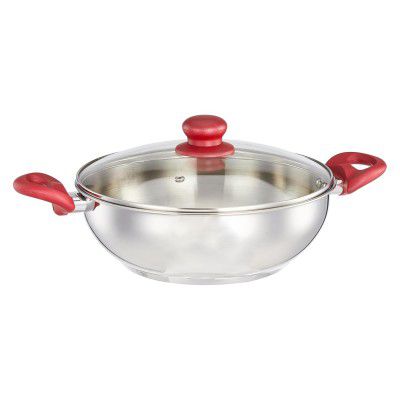 Amazon Brand - Solimo Stainless Steel Impact Bottom Kadhai with Glass Lid 