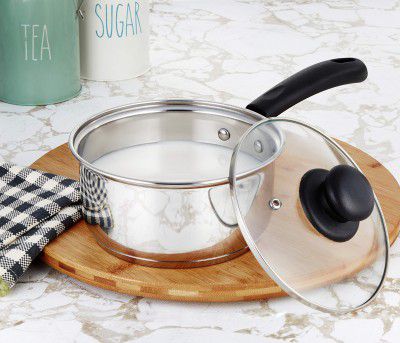 Amazon Brand - Solimo Stainless Steel Saucepan with Glass Lid | Induction Base | 16 cm | 1500 ml