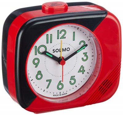 Amazon Brand - Solimo Table Alarm Clock | 4-Step Volume with Lighting and Night Glow | Black and Red
