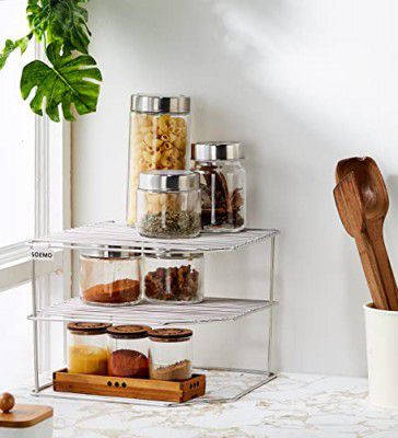 Amazon Brand - Solimo Three-Tier Corner Storage Rack, Stainless Steel, (25 cm x 25 cm x 19 cm)