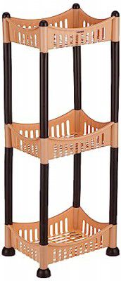 Amazon Brand - Solimo Three-Tier Multipurpose Plastic Rack for Kitchen, Living Room, Bathroom (Concave, Beige and Brown)