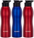 Amazon Brand - Solimo Water Bottle, Spill-Proof, Ergonomic, Safe For Refrigerator, Freezer And Dishwasher (Stainless Steel With Pp Lid, Set Of 3, 2 Red And 1 Blue), 1 liter...