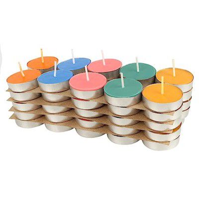 Amazon Brand - Solimo Wax Tealight Candles, 2-Hour Burn Time, Smokeless, No Residue (Set of 50, Multicoloured, Unscented)