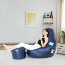 Amazon Brand - Solimo XXXL Leatherette Bean Bag with Footrest, Pillow Combo& Side Pocket (Navy Blue)_Filled with Beans...