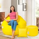 Amazon Brand - Solimo XXXL Leatherette Bean Bag with Footrest Combo with Cushion & Side Pocket (Yellow)_Filled with Beans...