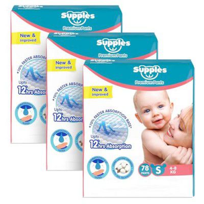 Amazon Brand - Supples Premium Baby Diaper Pants | 234 Baby Diapers | Small | 4-8 Kg | 78 x 3 Packs