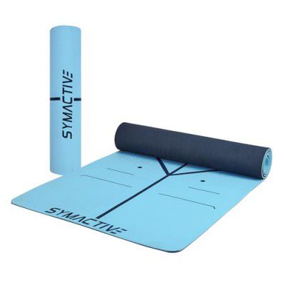 Amazon Brand - Symactive 6 mm Premium Anti-Skid Supersoft Alignment Dual Color TPE Yoga Mat with Carrying Strap for Men & Women (2x6 Ft, Dark/Sky Blue)