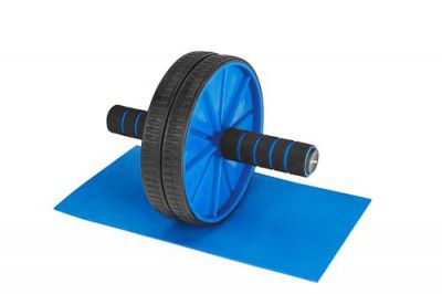 Amazon Brand - Symactive Home Gym Dual Anti-Skid Wheel Ab Roller/Blaster for Abdominal Core Exercise (6 MM Safe Knee Mat, Foam Handles, Blue, Max Wt: 100 Kg)