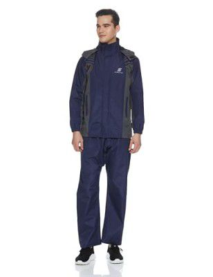 Amazon Brand - Symactive Unisex Polyester Full Length Premium Seam Sealed Raincoat with High Neck Hood Jacket, Waterproof Pant, and Carry Bag (Blue, X L)