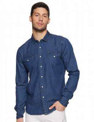 Amazon Brand - Symbol Men's Cotton Slim Fit Denim Shirt | Casual | Plain | Full Sleeve | Summer (Available in Plus Sizes)
