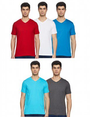 Amazon Brand - Symbol Men's Cotton Solid V-Neck Regular Fit T-Shirt (Pack of 5) (Available in Plus Size)