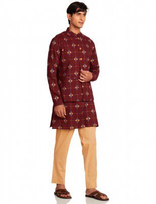 Amazon Brand - Symbol Men's Floral Regular Cotton Nehru Jacket Kurta Pant Set (3pcs)