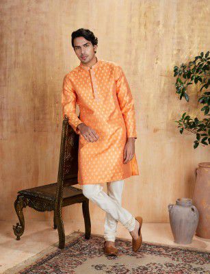 Amazon Brand - Symbol Men's Polyester Brocade Regular Festive Long Kurta & Pyjama Set (2pcs)