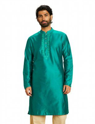 Amazon Brand - Symbol Men's Rayon Solid Festive Embellished Long Kurta (Regular Fit)