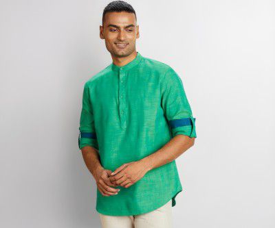 Amazon Brand - Symbol Men's Solid Cotton Slub Short Kurta 