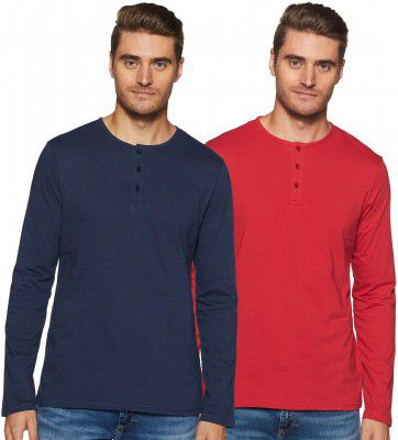 Amazon Brand - Symbol Men's Solid Regular Fit Full Sleeve Cotton T-Shirt (Combo Pack of 2) (SS19TSHNPO2-2_Iris Navy + Sage Red_Small)