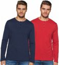 Amazon Brand - Symbol Men's Solid Regular Fit Full Sleeve Cotton T-Shirt (Combo Pack of 2) (SS19TSHNPO2-2_Iris Navy + Sage Red_Small)...