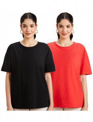 Amazon Brand - Symbol Women Cotton Stretch Oversized Fit Round Neck Half Sleeve T-Shirt 