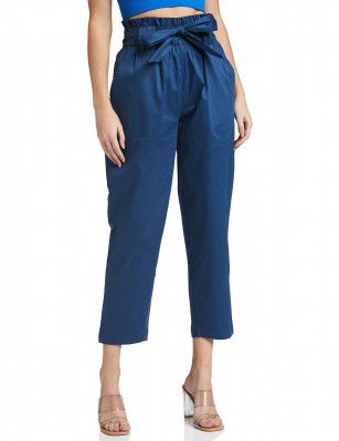 Amazon Brand - Symbol Women High Rise Ankle Length Tapered Paper Bag Formal Trousers (with Self Fabric Belt)