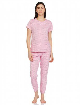 Amazon Brand - Symbol Women's Cotton Regular Fit T-Shirt and Jogger Night Suit Pajama Set