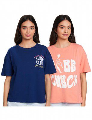 Amazon Brand - Symbol Women's Cotton Stretch Half Sleeve Round Neck Oversized Loose Fit T-Shirts (Front & Back Print | Combo Pack of 2)