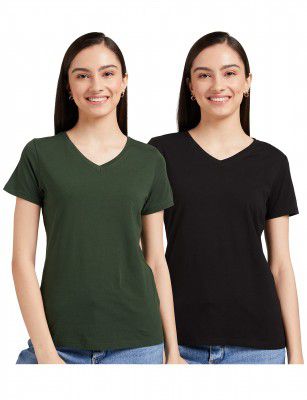 Amazon Brand - Symbol Women's Cotton Stretch Half Sleeve V-Neck Regular Fit T-Shirt (Pack of 2)