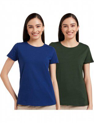 Amazon Brand - Symbol Women's Cotton Stretch Half Sleeve Round Neck Regular Fit T-Shirt (Pack of 2)