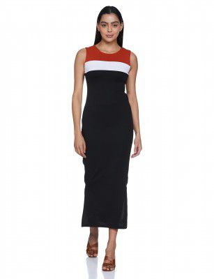 Amazon Brand - Symbol Women's Crepe Bodycon One Piece Maxi Length Dress (with Color Block)