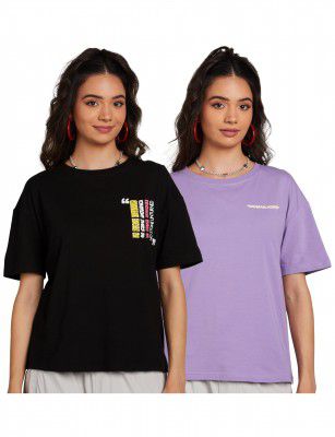 Amazon Brand - Symbol Women's Graphic Cotton Stretch Half Sleeve Round Neck Oversized Loose Fit T-Shirts (Front & Back Print | Combo Pack of 2)