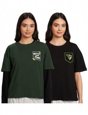 Amazon Brand - Symbol Women's Graphic Cotton Stretch Half Sleeve Round Neck Oversized Loose Fit T-Shirts (Front & Back Print | Combo Pack of 2)