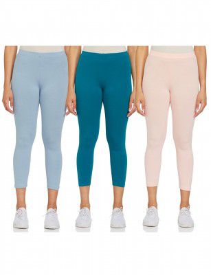 Amazon Brand - Symbol Women's Mid Rise Calf Length Cotton Stretch Skinny Fit Leggings (Pack of 3)