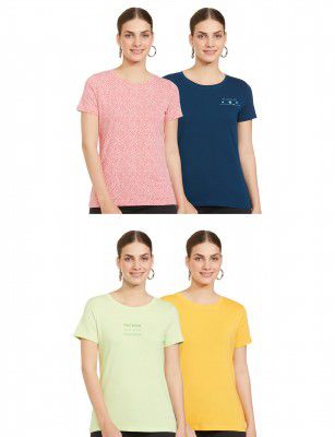 Amazon Brand - Symbol Women's Mix Pattern Cotton Half Sleeve Round Neck Regular Fit T-Shirt (Assorted Prints | Pack of 4)