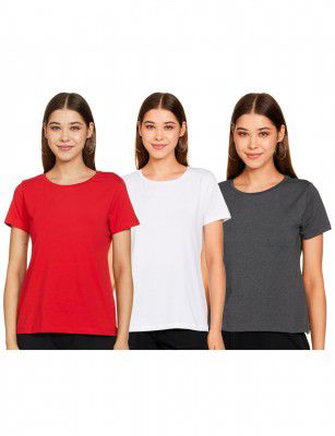 Amazon Brand - Symbol Women's Solid Cotton Stretch Half Sleeve Round Neck Regular Fit T-Shirt (Pack of 3)