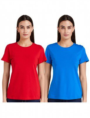 Amazon Brand - Symbol Women's Solid Cotton Stretch Half Sleeve Round Neck Regular Fit T-Shirt (Pack of 2)