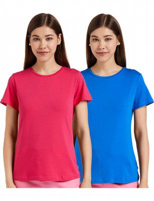 Amazon Brand - Symbol Women's Solid Cotton Stretch Half Sleeve Round Neck Regular Fit T-Shirt (Pack of 2)
