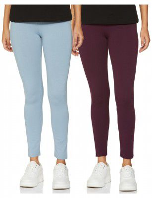 Amazon Brand - Symbol Women's Straight Mid Rise Ankle Length Cotton Stretch Skinny Fit Leggings (Pack of 2)